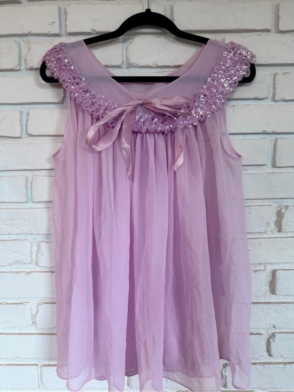 Vintage Pink Sequin Yoke Chiffon Baby Doll Teddy